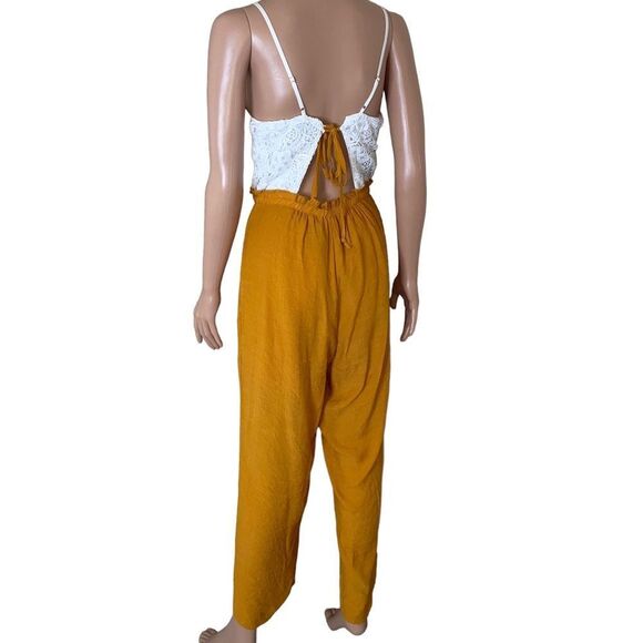 Papaya romper one piece jumpsuit romper burnt yellow bottom white lace top SZ M - Picture 4 of 12